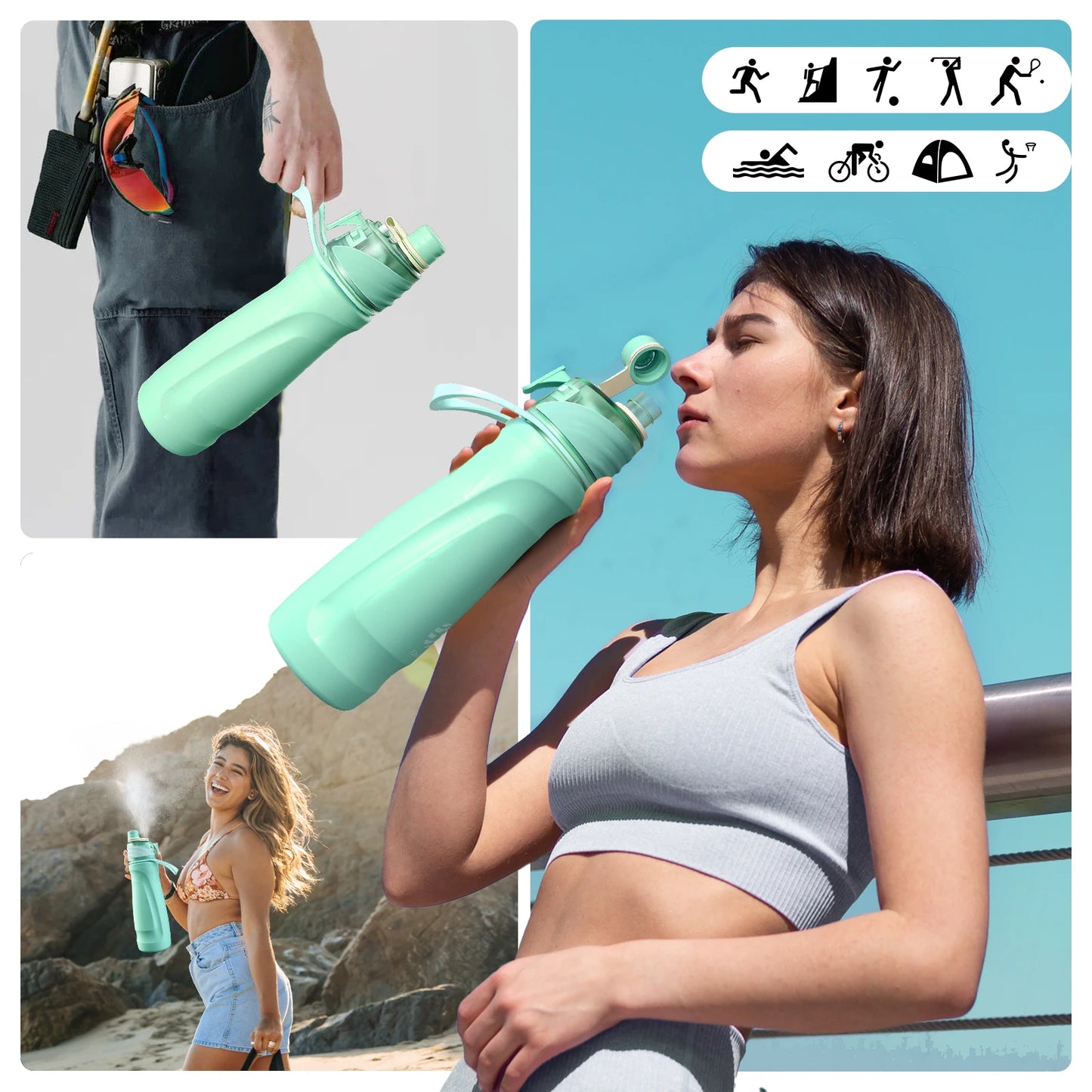 Fjbottle 750Ml Stainless Steel Spray Water Bottle Portable Leakproof Spray Water Cup Durable BPA Free