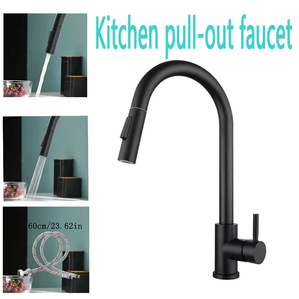 Kitchen Faucet Single Hole Pull Out Spout Kitchen Sink Mixer Tap Stream Sprayer Head Chrome/Black Mixer Tap